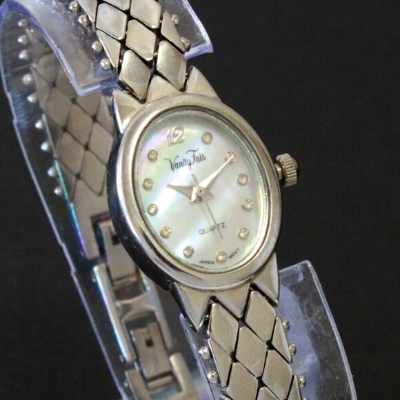 Vintage Ladies Vanity Fair Quartz Watch Mother Of Pearl Dial Stainless Bracelet